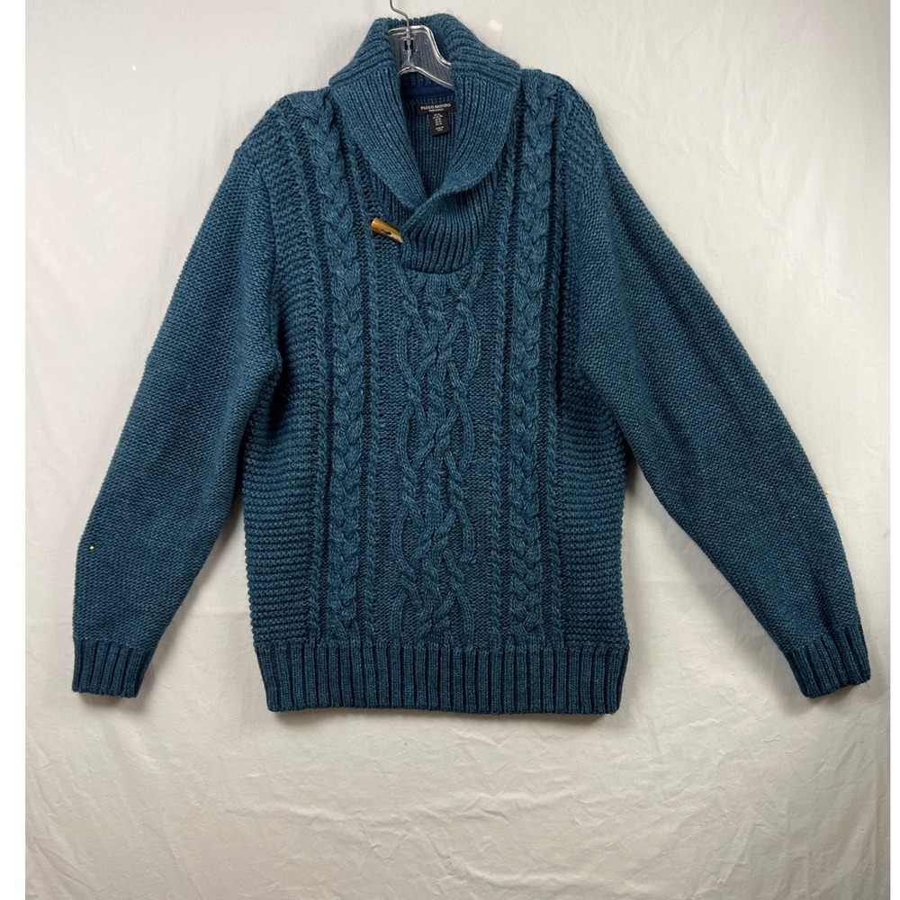 Paolo Mondo Shawl Collar Sweater Mens XL Teal Blue Cable Knit Toggle Italy